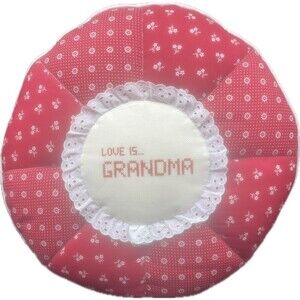 VTG Round Cross Stitch LOVE IS GRANDMA Quilted Lace Reversible Pillow 18”